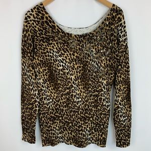 CACHE M Beaded Leopard Print Animal Print Knit Top